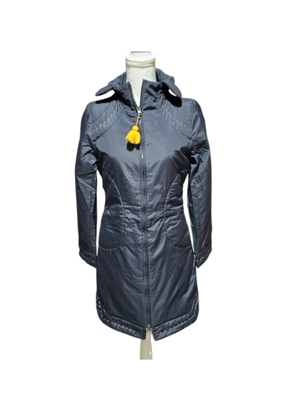 Vtg Cop Copine Womens Sz M Long Coat Quilted Stitching Tassel Accent Full Zip Up
